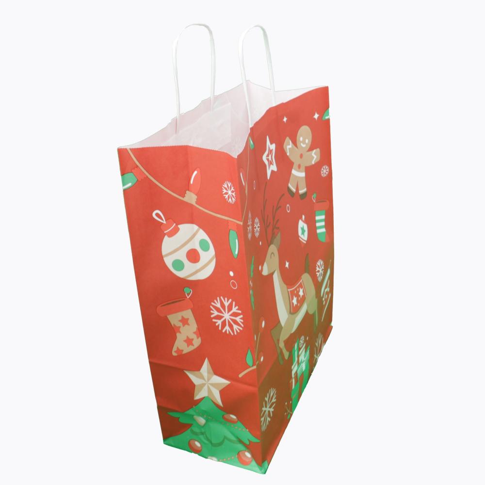 Preview: Weiße (18+8x22 cm) Papiertasche mit Papierkordeln bedruckt, 90g/m², X-Mas, 25er Set